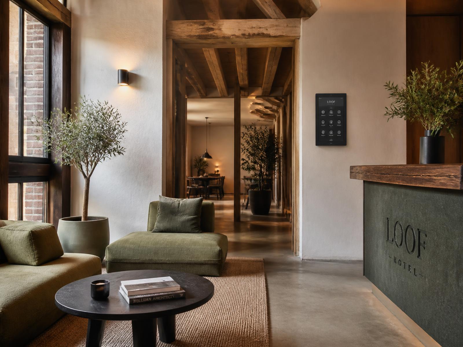 Sustainable hotel lobby with reclaimed timber, olive upholstery and a smart building panel